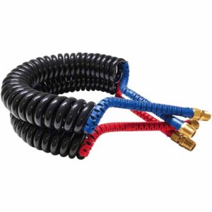 15 Foot Kink-Repairing 40 Inch Lead Air Brake Coiled Hoses With 2 Inch Blue And Red Grips - Pair