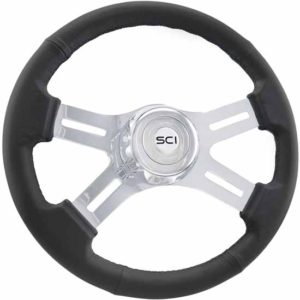 16 Inch 4 Chrome Spoke Classic Black Leather Steering Wheel W/ Chrome Bezel, SCI Chrome Horn Button