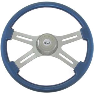 18 Inch Chrome 4 Spoke Painted Blue Wood Rim Classic Steering Wheel With Chrome Bezel & Horn