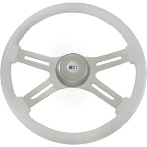 18 Inch Chrome 4 Spoke White Painted Wood Classic Steering Wheel With Chrome Bezel & Horn