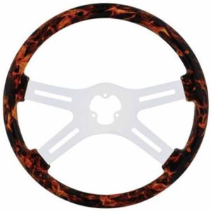 18 Inch Chrome 4 Spoke Wood Steering Wheel With Hydro-Dip Flame Grip