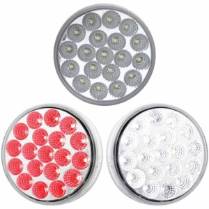 4 Inch Round Dual Revolution Red LED Stop, Tail & Turn Light W/ White Auxiliary, Clear Lens-Grommet Mount