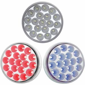 4 Inch Round Dual Revolution Red LED Stop, Tail & Turn Light W/ Blue Auxiliary, Clear Lens-Grommet Mount