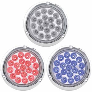 4 Inch Round Dual Revolution Red LED , Tail & Turn Light W/ Blue Auxiliary, Clear Lens-Flange Mount