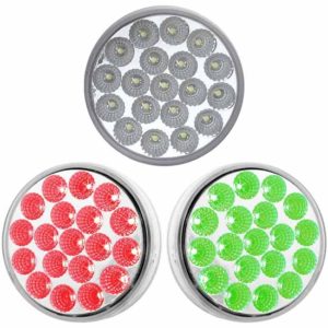 4 Inch Round Dual Revolution Red LED Stop, Tail & Turn Light W/ Green Auxiliary, Clear Lens-Grommet Mount