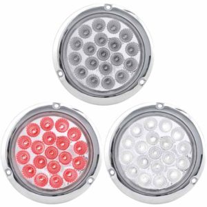 4 Inch Round Dual Revolution Red LED Stop, Tail & Turn Light W/ White Auxiliary, Clear Lens-Flange Mount