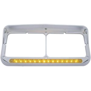 Chrome Dual Headlight Bezel W/ Visor & 14 LED Light Bar - Amber LED/ Amber Lens