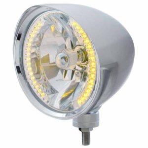 7 Inch Chrome Billet Style Chopper Headlight W/ Smooth Visor For Peterbilt 359, 378, 379, 388, 389