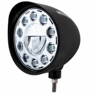 Black Billet Style Groove Headlight W/ Single High Power LED Low Beam & 10 Outer LED W/ Chrome Housing And Visor