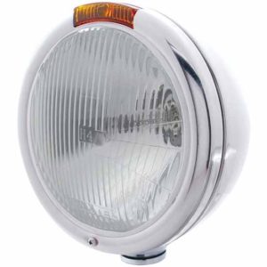 Chrome Classic H4 Flat Headlight With Upper Incandescent Turn Signal - Amber Lens Fits