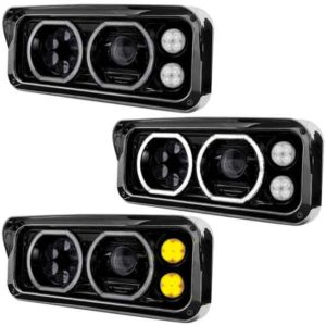 Dual Square LED Projection Headlight With Auxiliary Halo Rings & Amber LED Turn Signal Driver Side