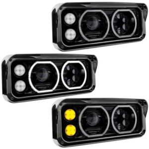 Dual Square LED Projection Headlight With Auxiliary Halo Rings & Amber LED Turn Signal Passenger Side