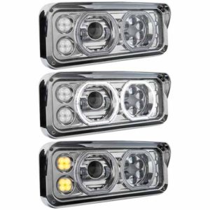 Chrome Dual Square LED Projection Headlight With Auxiliary Halo Rings & Amber LED Turn Signal Passenger Side